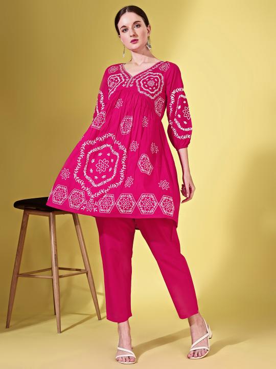 Indyancart TI Women's Fuchsia Cotton with White Thread Embroidered Co Ord