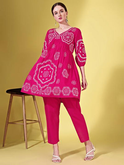 Indyancart TI Women's Fuchsia Cotton with White Thread Embroidered Co Ord