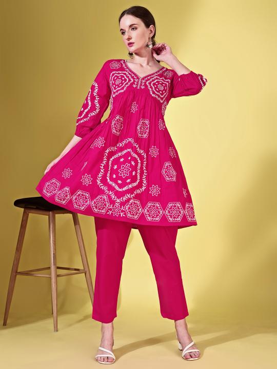 Indyancart TI Women's Fuchsia Cotton with White Thread Embroidered Co Ord