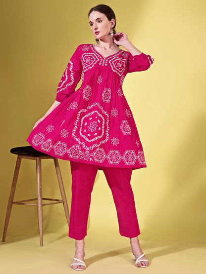 Indyancart TI Women's Fuchsia Cotton with White Thread Embroidered Co Ord
