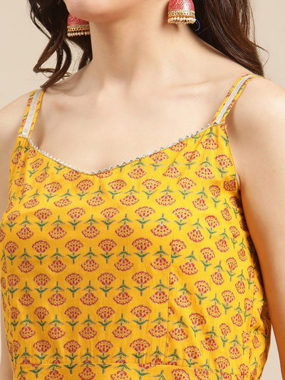 Indyancart VA Women's Mustard Yellow Ethnic Motifs Empire Gotta Patti Pure Cotton Kurti with Sharara & With Dupatta
