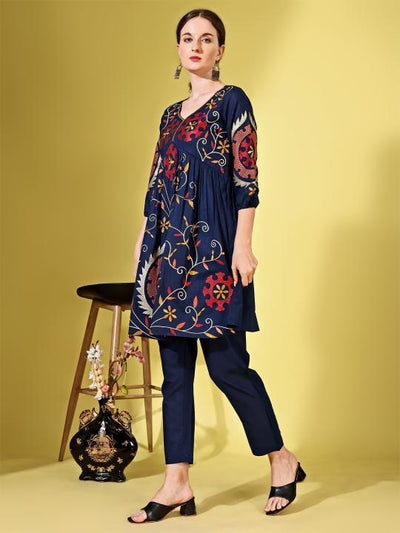 Indyancart TI Women's Navy Blue Cotton Dobby with Contrast Embroidered Kurti and Pant