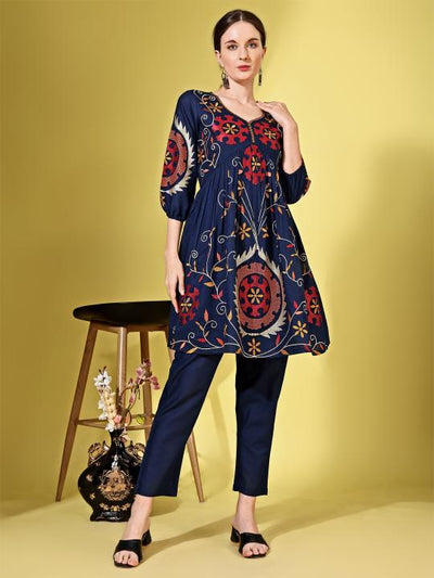 Indyancart TI Women's Navy Blue Cotton Dobby with Contrast Embroidered Kurti and Pant