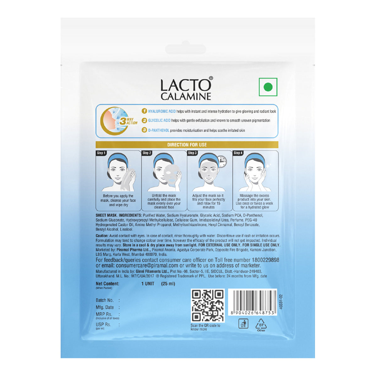 Lacto Calamine Hyaluronic Acid Face Serum Sheet Mask for Intense Hydration Refreshing Plumpy & Dewy Skin