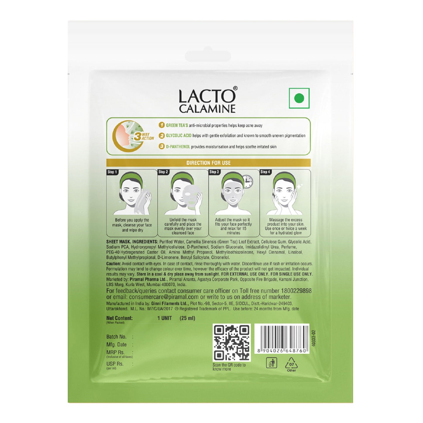 Lacto Calamine Green Tea Face Sheet Mask for Hydration, Calm & Clear Skin that Soothes Acne