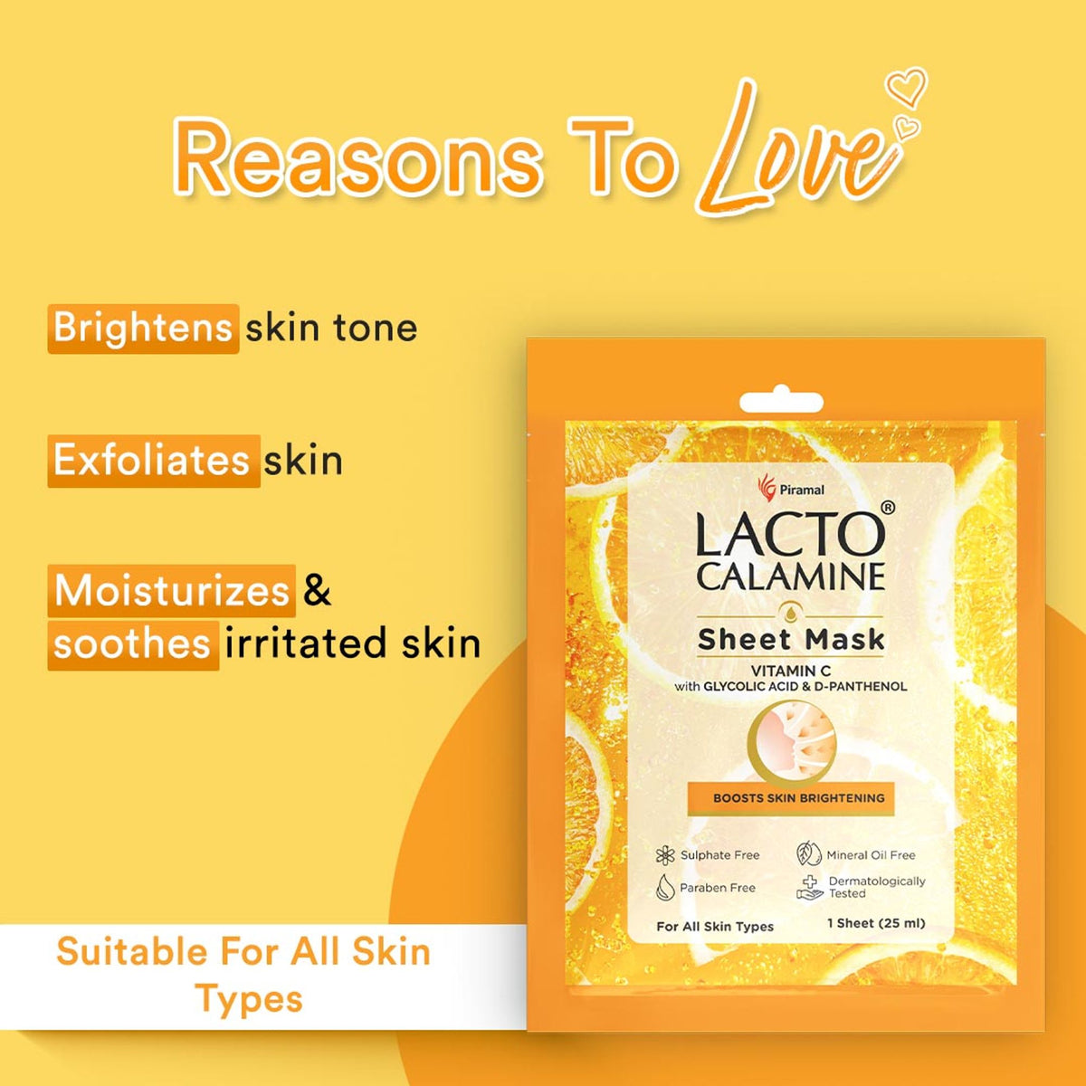 Lacto Calamine Vitamin C Face Sheet Mask with Antioxidant for Nourishing, Brightening & Glowing Skin