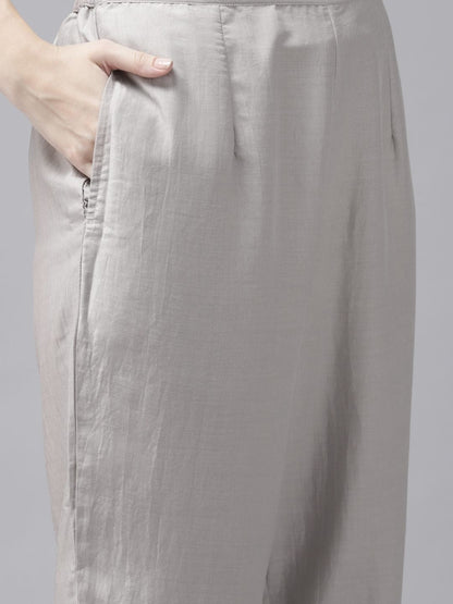 Indyancart IE Women Grey Ethnic Motifs Yoke Design Regular Kurta with Trousers & With Dupatta