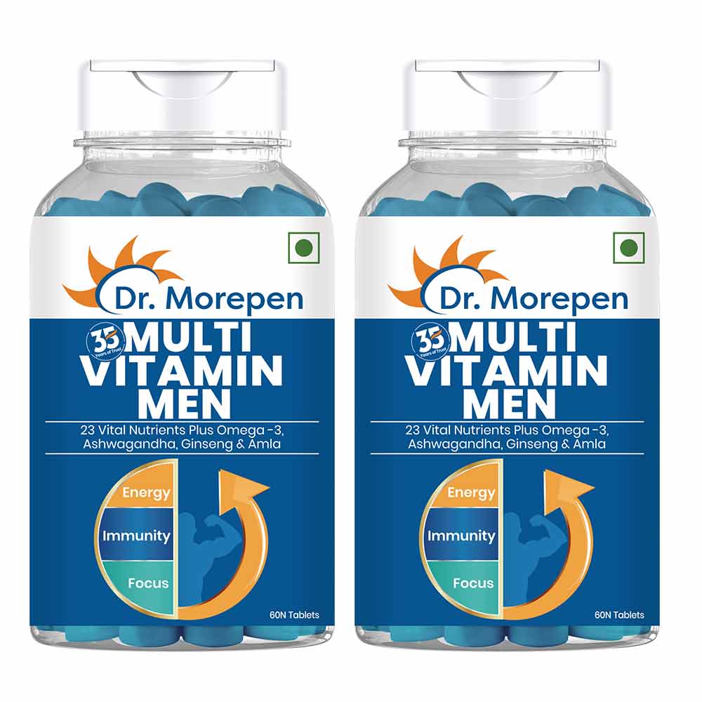 Dr. Morepen multivitamins for men in Ayurvedic tablet form with omega 3 and herbal ingredients, shown in a blister pack.