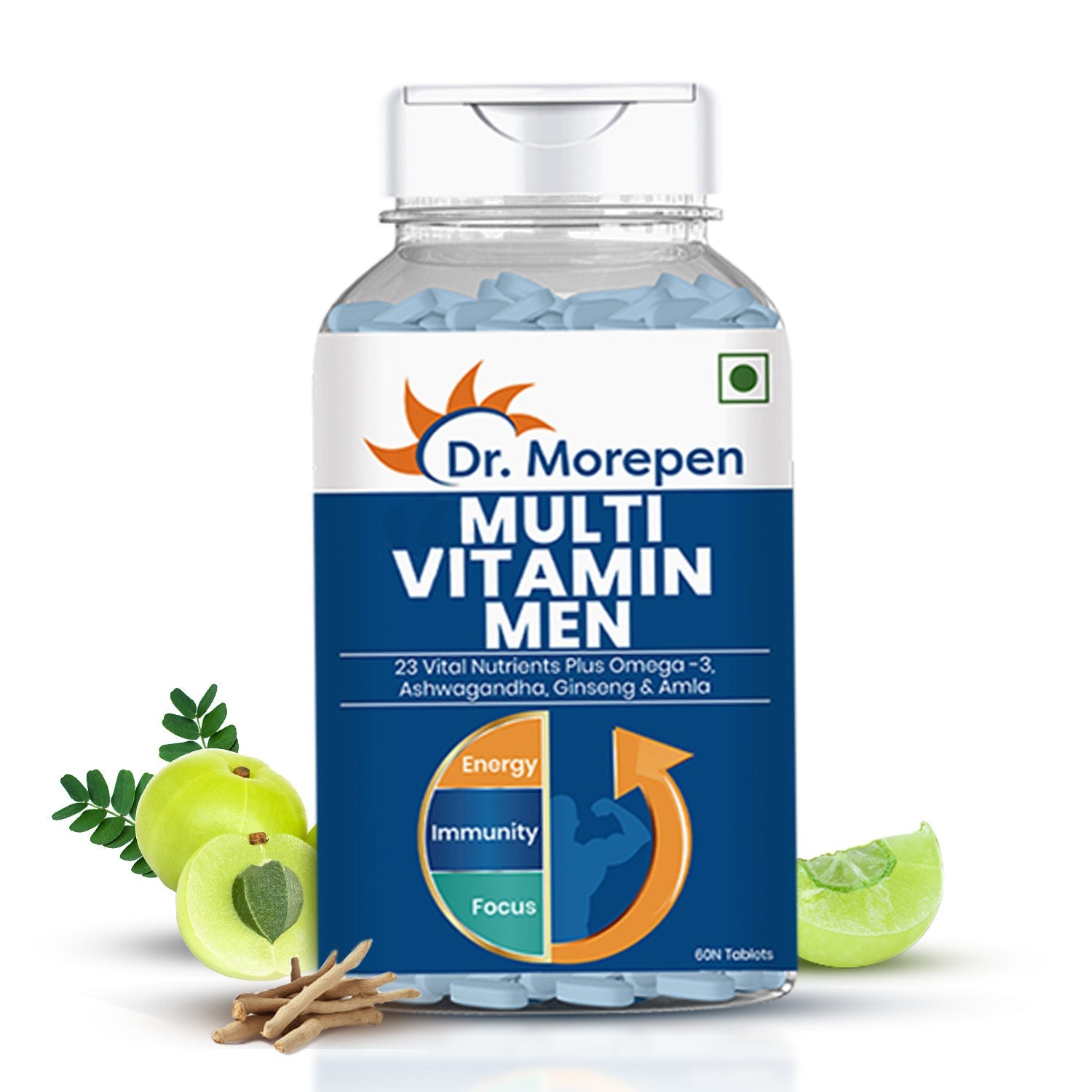 Dr. Morepen men's multivitamin ayurvedic tablets with omega-3 and herbs, shown in a blister pack on a white background.