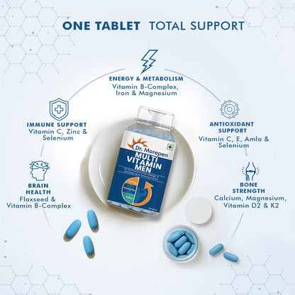 Dr. Morepen Ayurvedic multivitamin tablets for men with Omega 3 and herbs, shown in a blister pack.