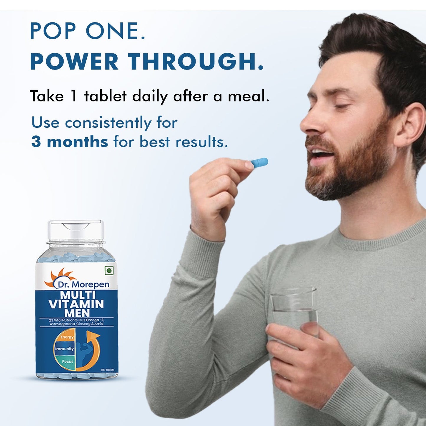 Dr. Morepen Ayurvedic multivitamins for men with omega-3 and herbs, in a blister pack of tablets.