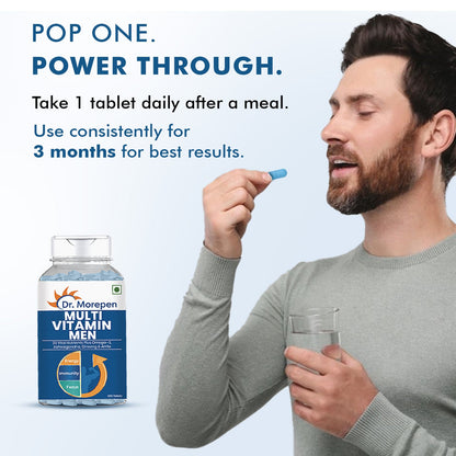 Dr. Morepen Ayurvedic multivitamins for men with omega-3 and herbs, in a blister pack of tablets.