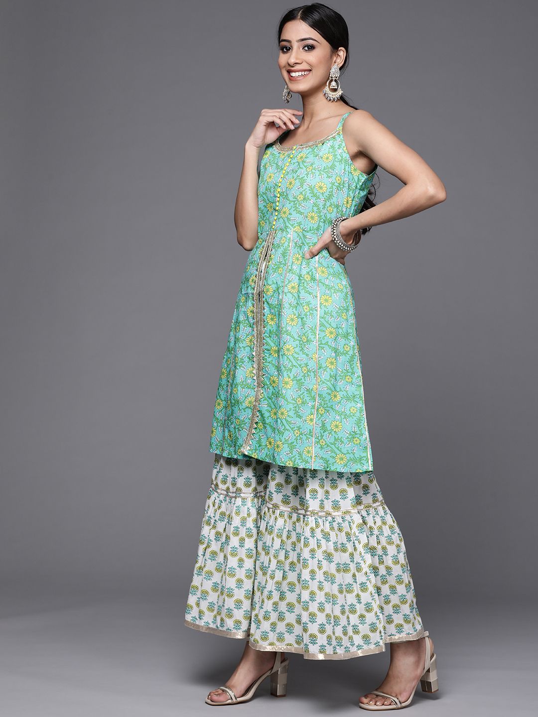 Indyancart VA Women's Sea Green & White Floral Printed Gotta Patti Pure Cotton Kurta with Sharara