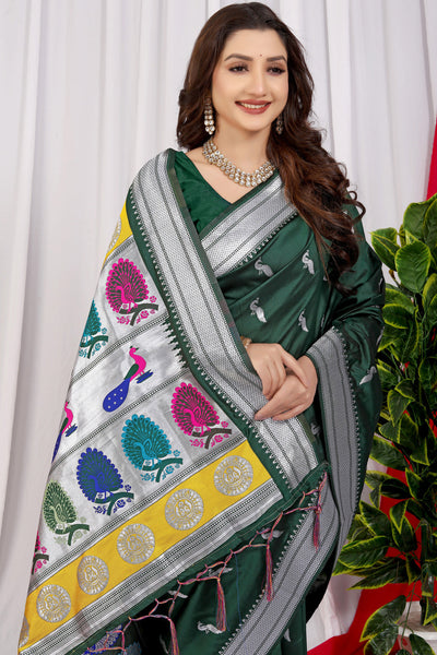 Indyancart GR Women's Chandramukhi Bottle Green Zari Paithani Silk Saree