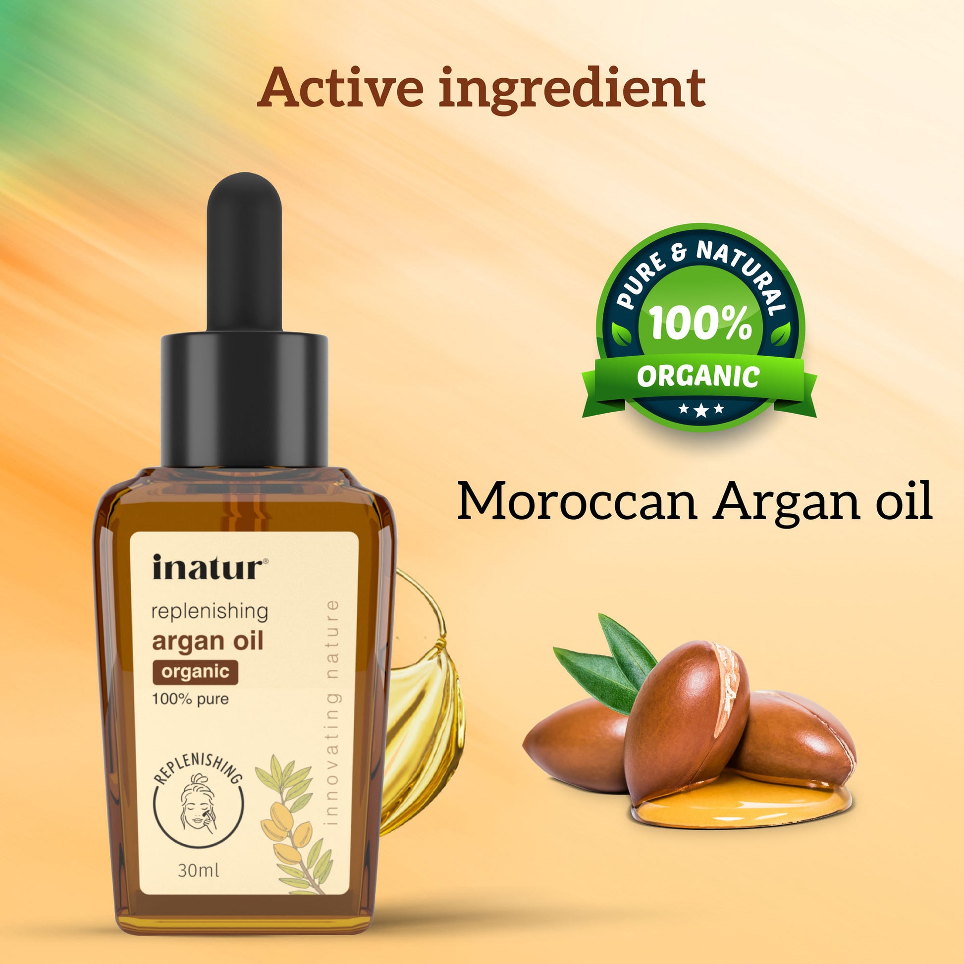 inatur Argan Oil, Cold Pressed & Organic, for Skin & Hair, Moisturizing & Vitamin-Rich
