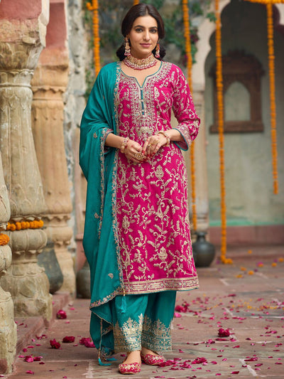 Dhiyona IE Zari Ethnic Motifs Embroidered Notch Neck Straight Kurta With Trousers & Dupatta