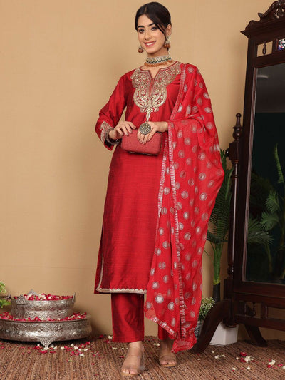 Indyancart VA Women's Ethnic Motifs Embroidered Regular Sequinned Kurta with Trousers & Dupatta