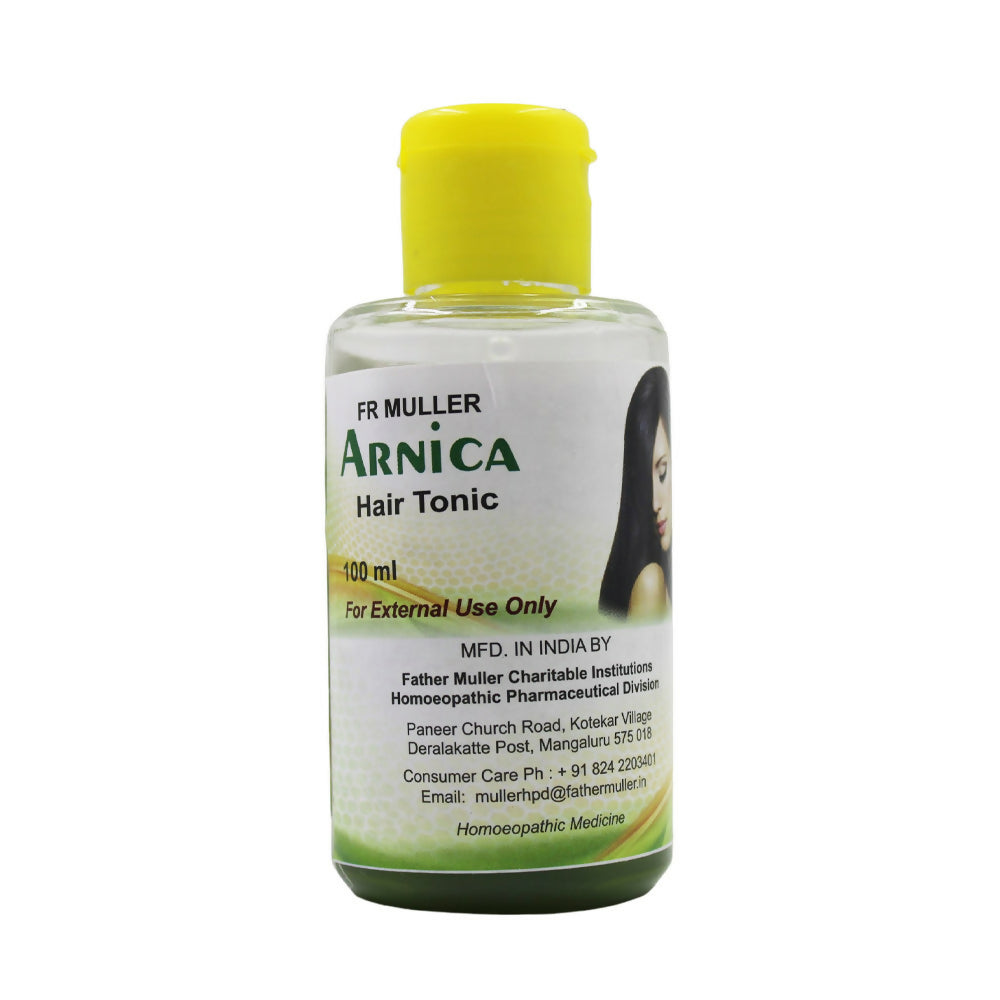 Father Muller Arnica Gingelly Hair Oil bottle with hair oil drops and herbal ingredients visible in the image.