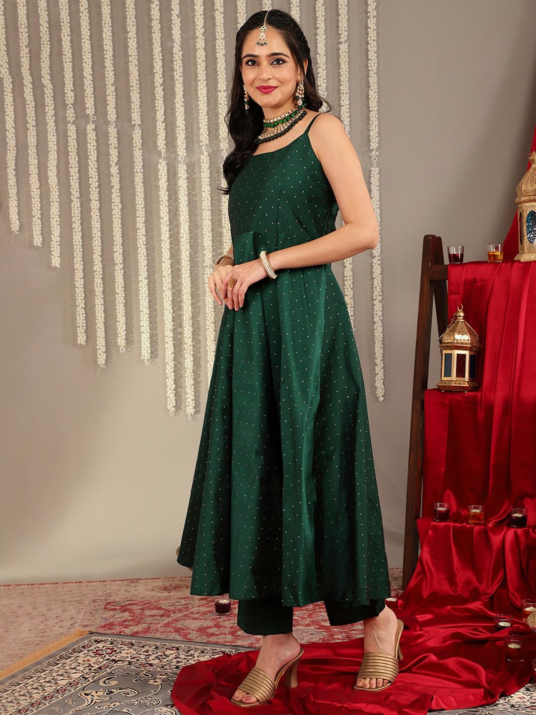 Indyancart VA Women'sWoven Design Shoulder Straps Zari Detail Anarkali Kurta & Trousers With Dupatta