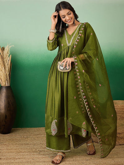 Indyancart SN Women's Olive Green Zari Sequence Embroidered A-Line Kurta With Palazzos & Dupatta