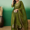 Dhiyona SN Women's Olive Green Zari Sequence Embroidered A-Line Kurta With Palazzos & Dupatta