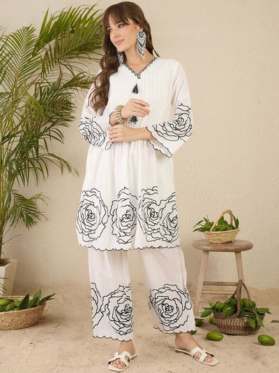 Indyancart IE Women Floral Printed Pleated Mirror Work Pure Cotton Kurta with Palazzos
