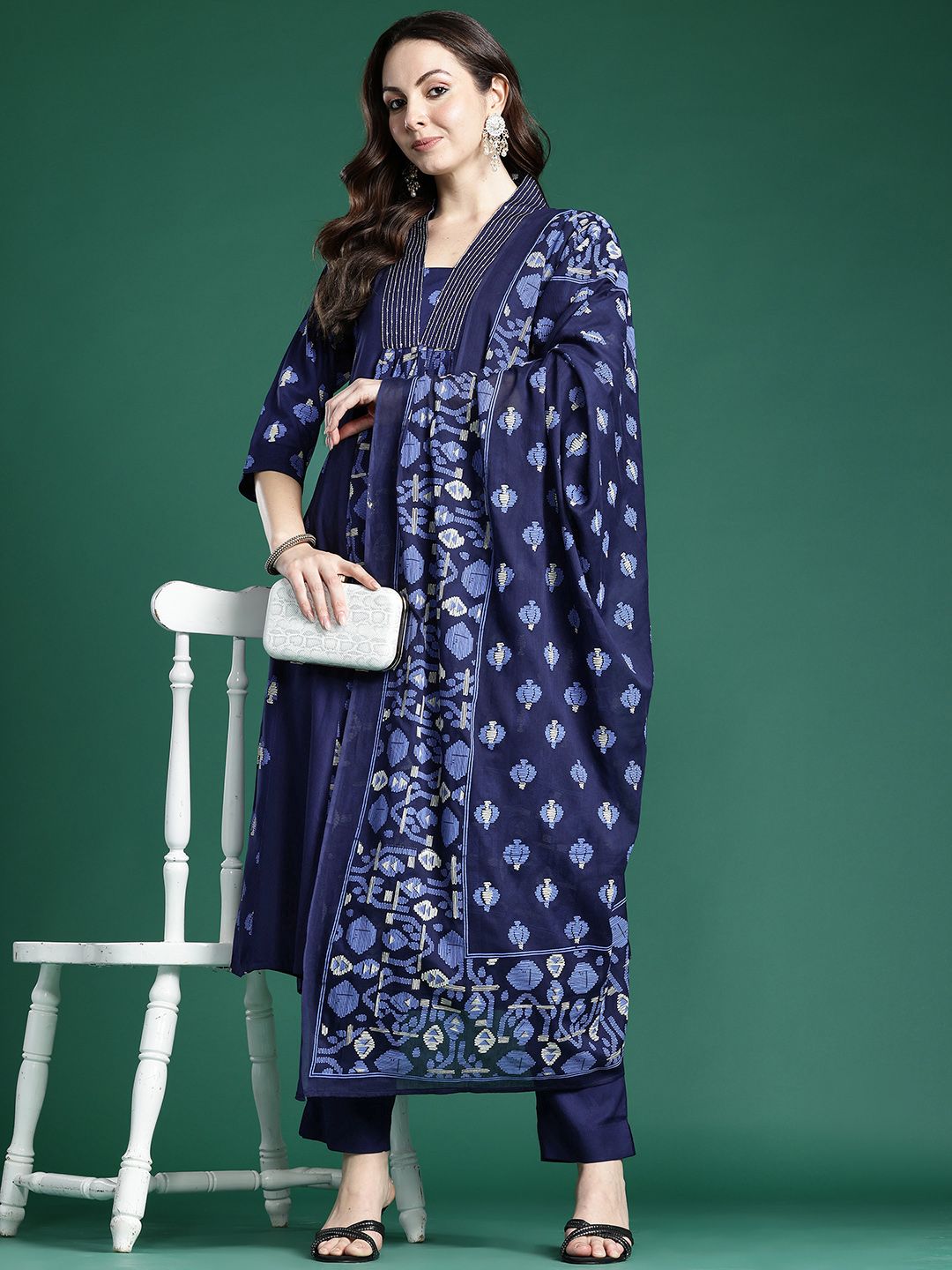 Indyancart IE Floral Printed Panelled Pure Cotton Kurta with Trousers & Dupatta