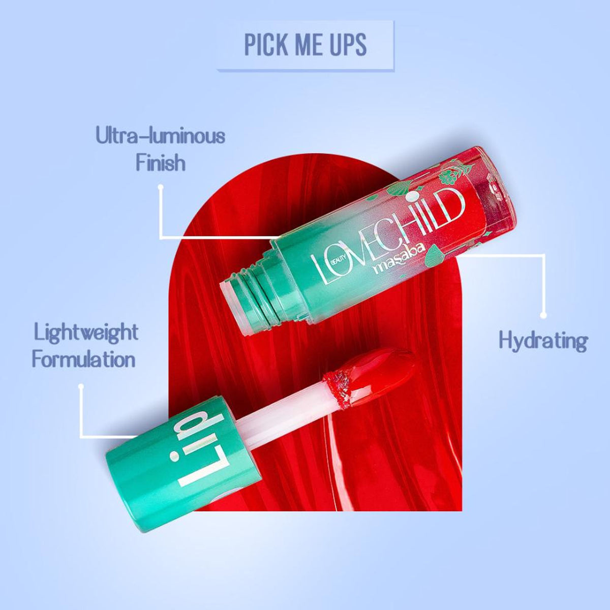 LoveChild Masaba Lovechild Masaba tinted lip gloss gelato in Brown Berry with jojoba oil and shea butter, showing the gloss tube and applicator.