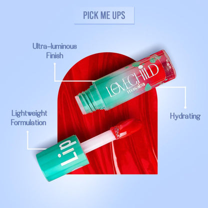 LoveChild Masaba Lovechild Masaba tinted lip gloss gelato in Brown Berry with jojoba oil and shea butter, showing the gloss tube and applicator.
