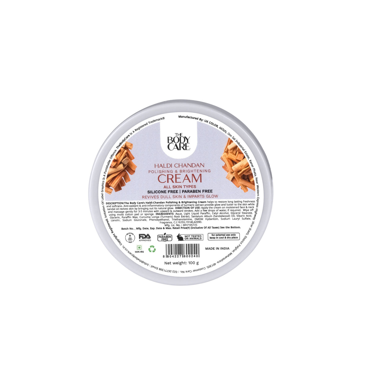 The Body Care Haldi-Chandan Polishing and Brightening Cream jar, shown with the cream and herbal ingredients.