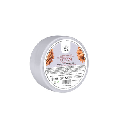 The Body Care Haldi-Chandan polishing and brightening cream jar, showcasing the product with a natural and smooth texture.