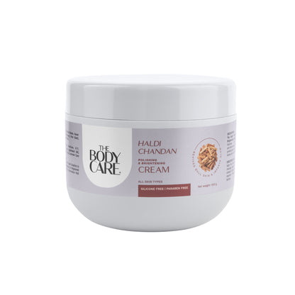 The Body Care Haldi-Chandan polishing and brightening cream jar with turmeric and sandalwood ingredients visible on the label.