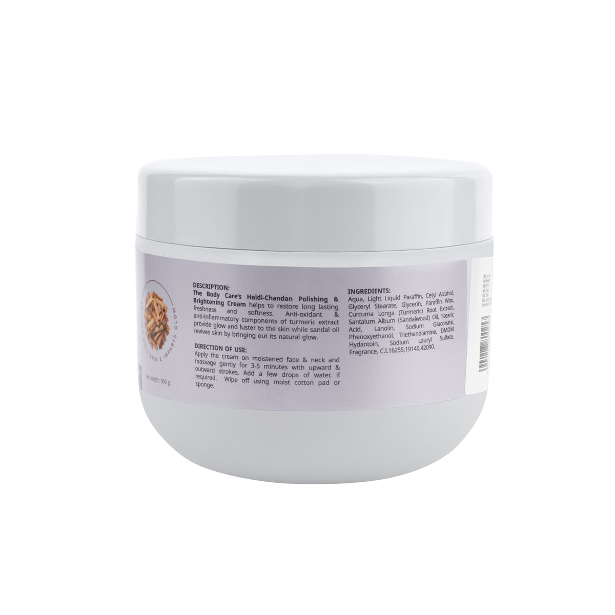 The Body Care Haldi-Chandan polishing and brightening cream jar, showcasing the product's packaging and creamy texture.