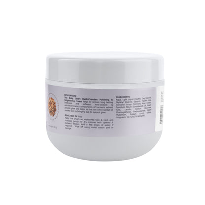 The Body Care Haldi-Chandan polishing and brightening cream jar, showcasing the product's packaging and creamy texture.