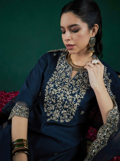 Indyancart IE Floral Embroidered Regular Thread Work Liva Kurta With Trousers & Dupatta