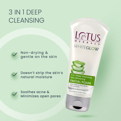 Lotus Herbals WhiteGlow 3 In 1 Deep Cleansing Facial Foam, Acne & Oil-Control For All Skin Types