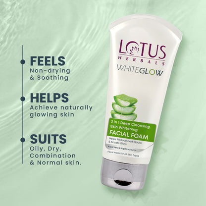Lotus Herbals WhiteGlow 3 In 1 Deep Cleansing Facial Foam, Acne & Oil-Control For All Skin Types