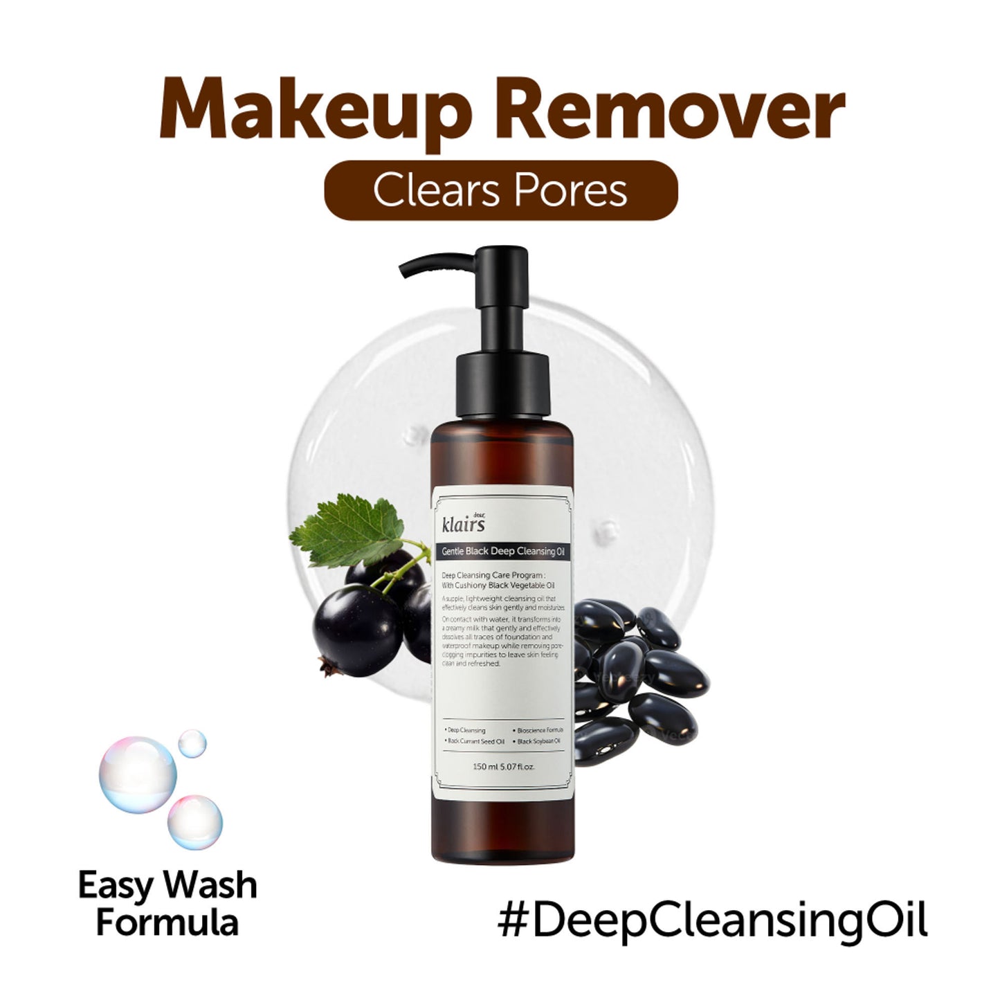 Klairs Gentle Black Deep Cleansing Oil Removes Waterproof Makeup, Blackheads & Unclogs Pores