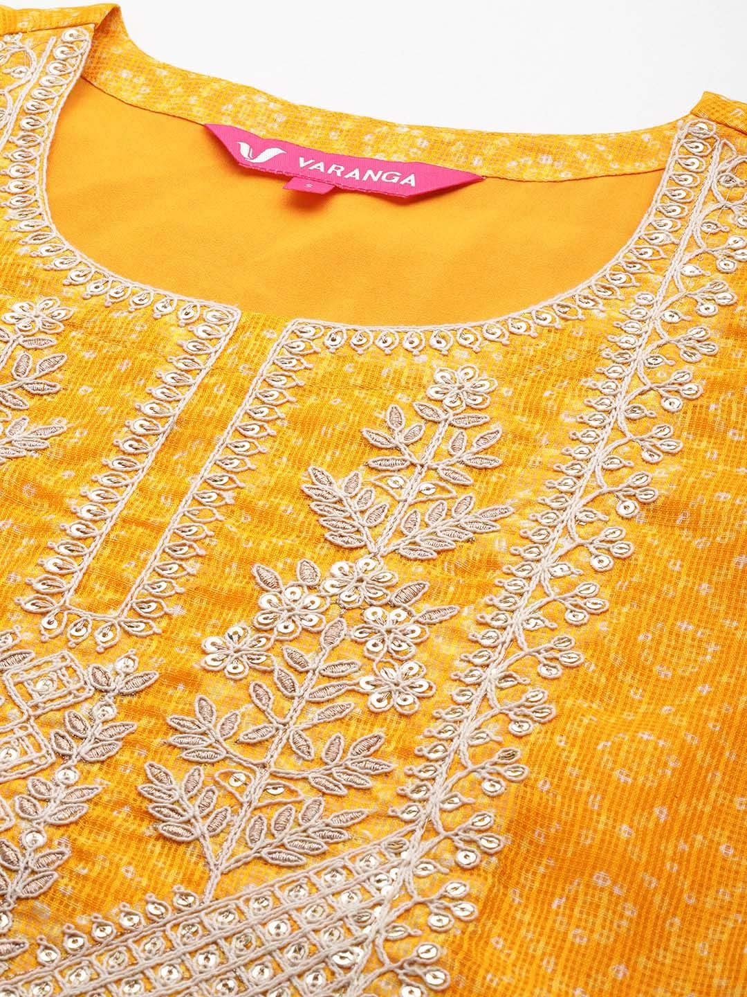 Indyancart VA Women'sBandhani Printed Regular Sequinned Kurta with Trousers & Dupatta