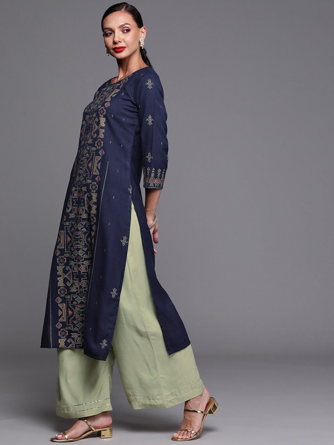 Indyancart IE Women Ethnic Motifs Printed Straight Cotton Kurta
