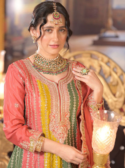 Indyancart IE Ethnic Motifs Embroidered Panelled Sequinned A-Line Kurta With Palazzos & Dupatta