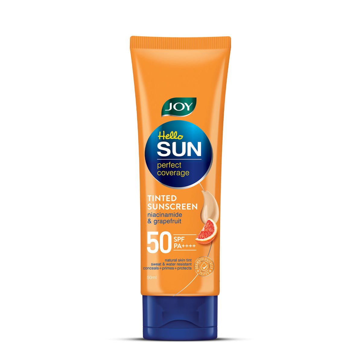 Joy tinted sunscreen SPF 50 PA+++ for oily skin with niacinamide, no white cast, providing a smooth, even-toned complexion.