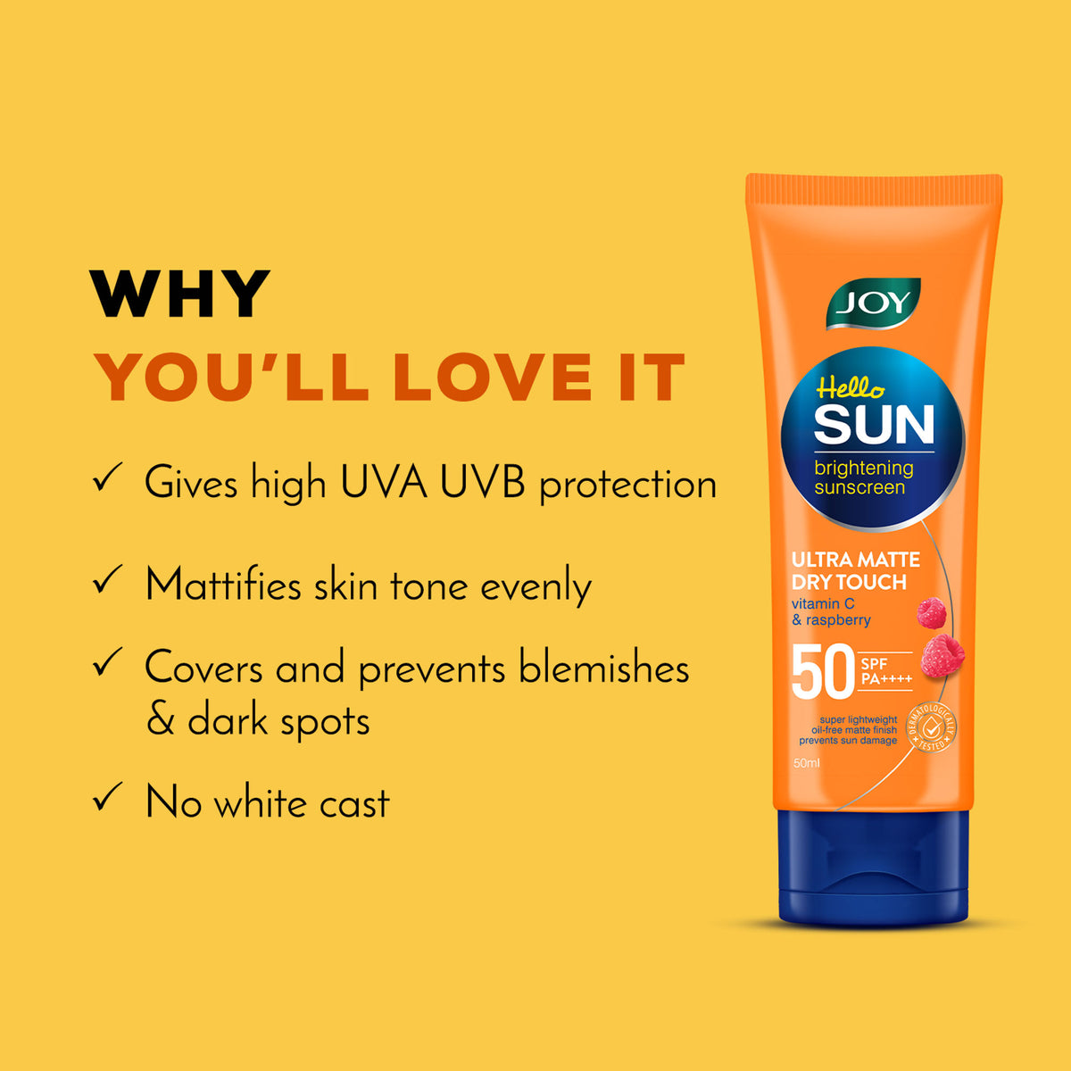 Joy Revivify Hello Sun Ultra Matte Dry Touch SPF 50 PA++++ sunscreen bottle with a sleek design and matte finish.