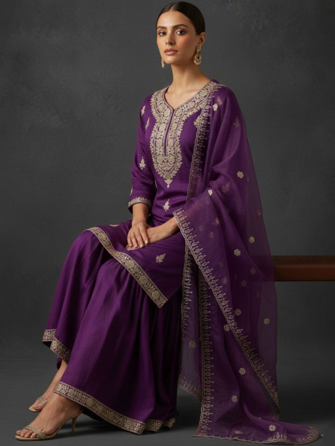 Indyancart VA Women Ethnic Motifs Embroidered Regular Thread Work Kurta with Sharara & With Dupatta