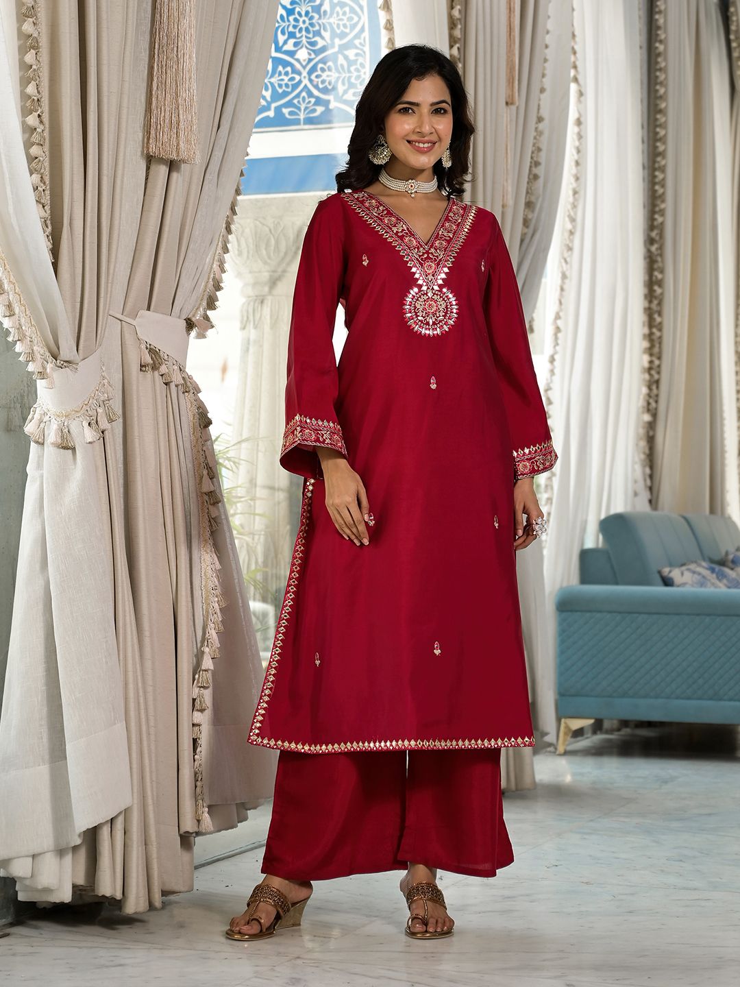 Indyancart VA Ethnic Motifs Zari Embroidered Mirror Work Straight Kurta With Trousers & Dupatta