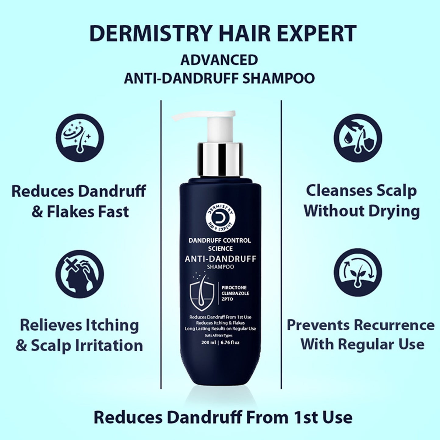 Dermistry Anti Dandruff Shampoo Piroctone Climbazole ZPTO for Oily Itchy Flaky Scalp Dry Frizzy Hair