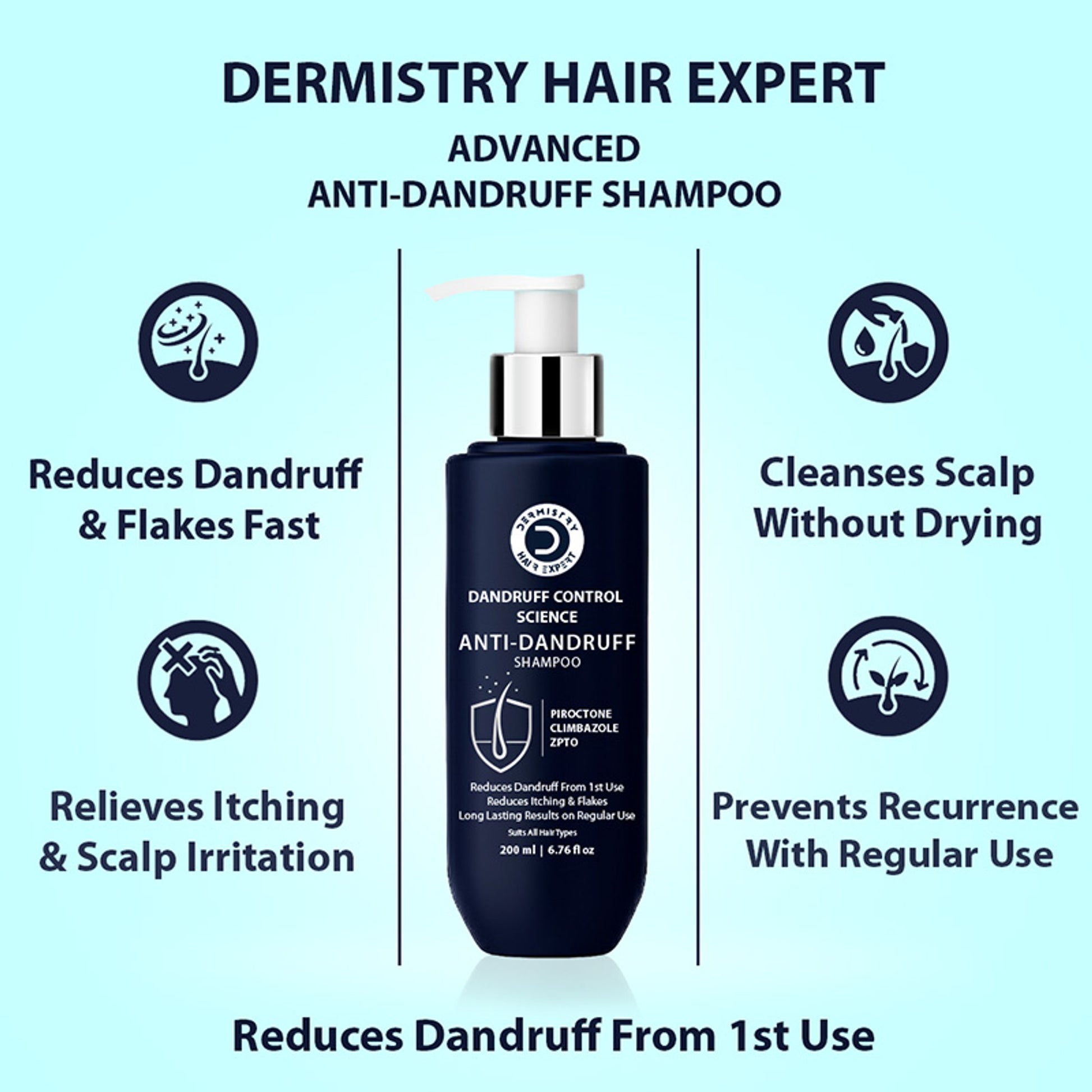 Dermistry Anti Dandruff Shampoo Piroctone Climbazole ZPTO for Oily Itchy Flaky Scalp Dry Frizzy Hair