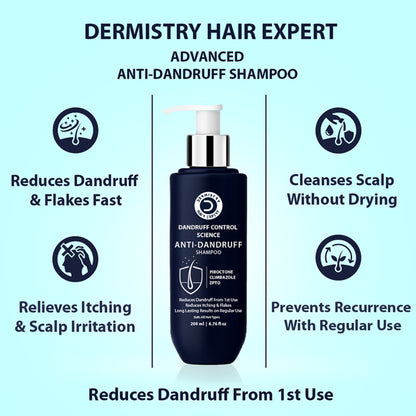 Dermistry Anti Dandruff Shampoo Piroctone Climbazole ZPTO for Oily Itchy Flaky Scalp Dry Frizzy Hair