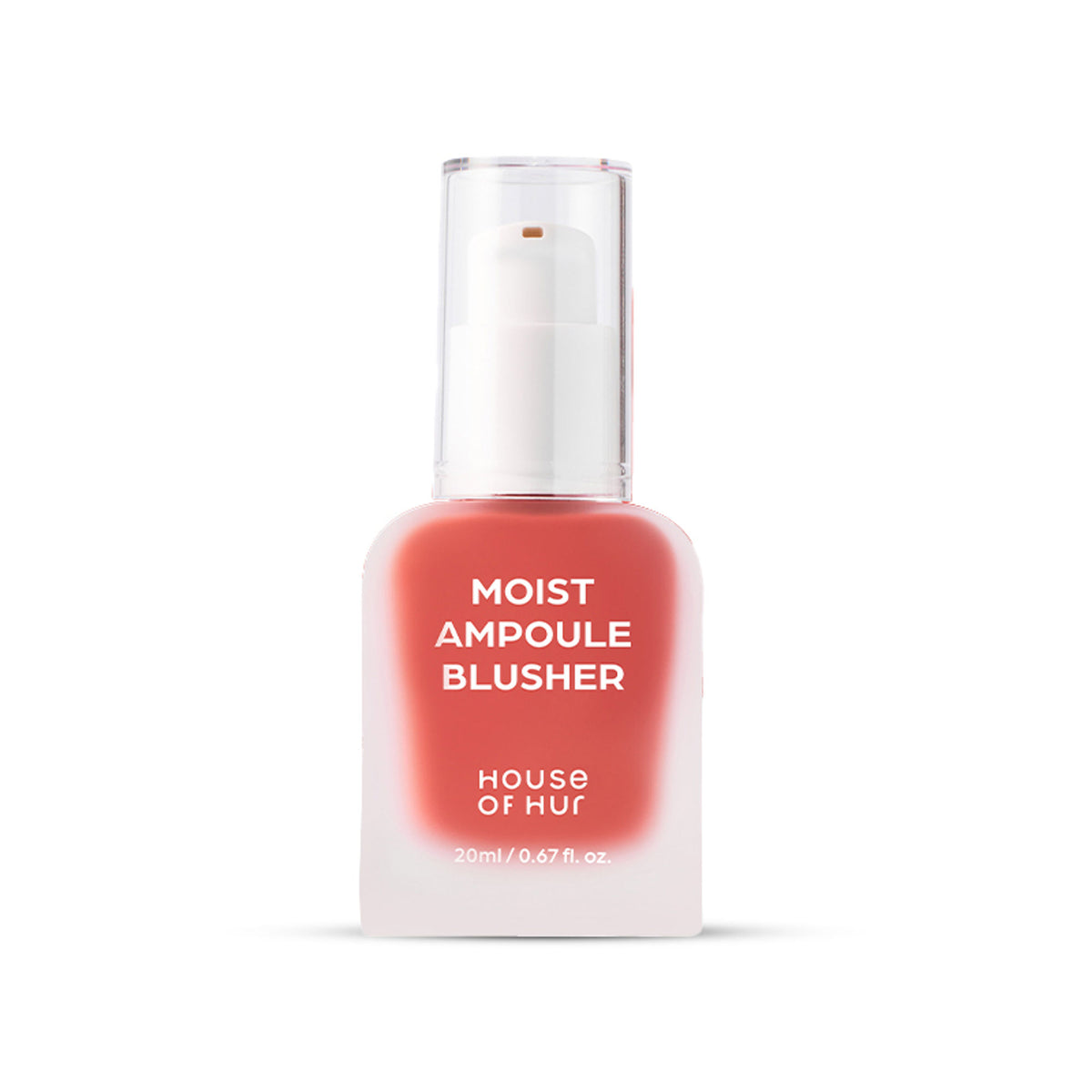 House of HUR Moist Ampoule Blusher in Peach Coral, hydrating liquid blush with natural finish, shown in a close-up image.