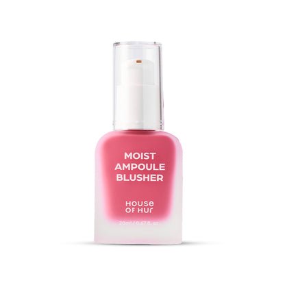 House of HUR Moist Ampoule Blusher in Pink Rosie, hydrating liquid blush with natural finish, visible in the sleek packaging.
